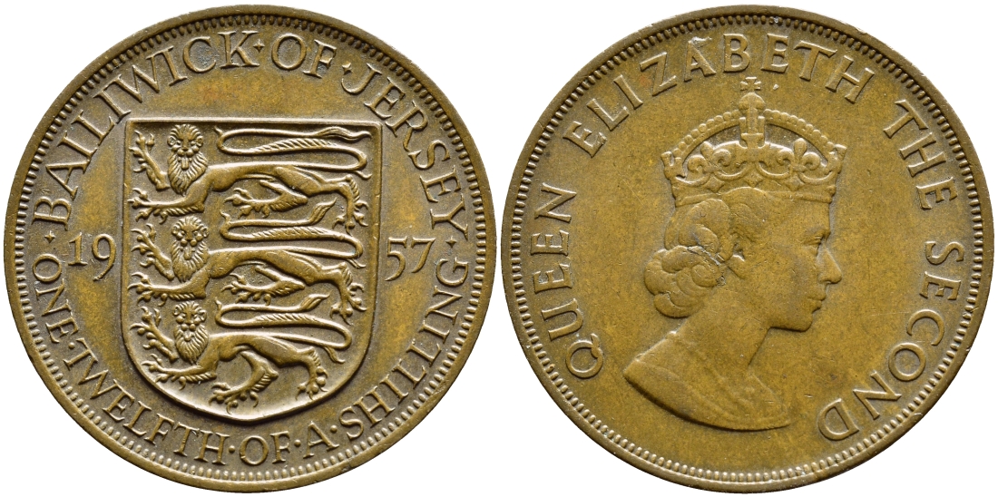 Джерси 1/12 шиллинга 1957 Елизавета II (1952-2022) KM 21 бронза 51-4821