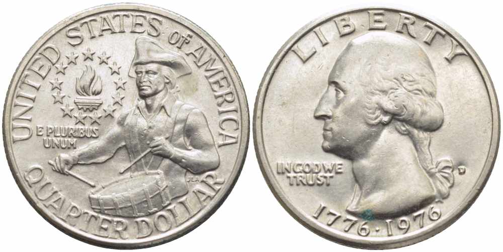 США 25 центов = квотер 1976 D, 200 лет независимости (1776-1976), Вашингтон, барабанщик KM 204 медь плакированная медно-никелем 63-1043