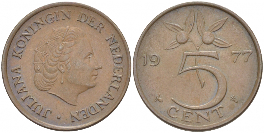 Нидерланды 5 центов 1977 Юлиана (1948-1980) KM 181 бронза 214-231