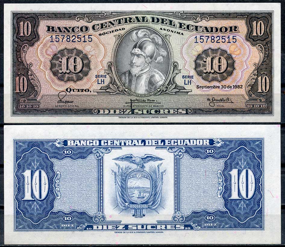 Эквадор 10 сукре 1982 Себастьян де Белалькасар, серия LH Pick 114 b (1)  бумага  UNC (пресс) 447-111-3