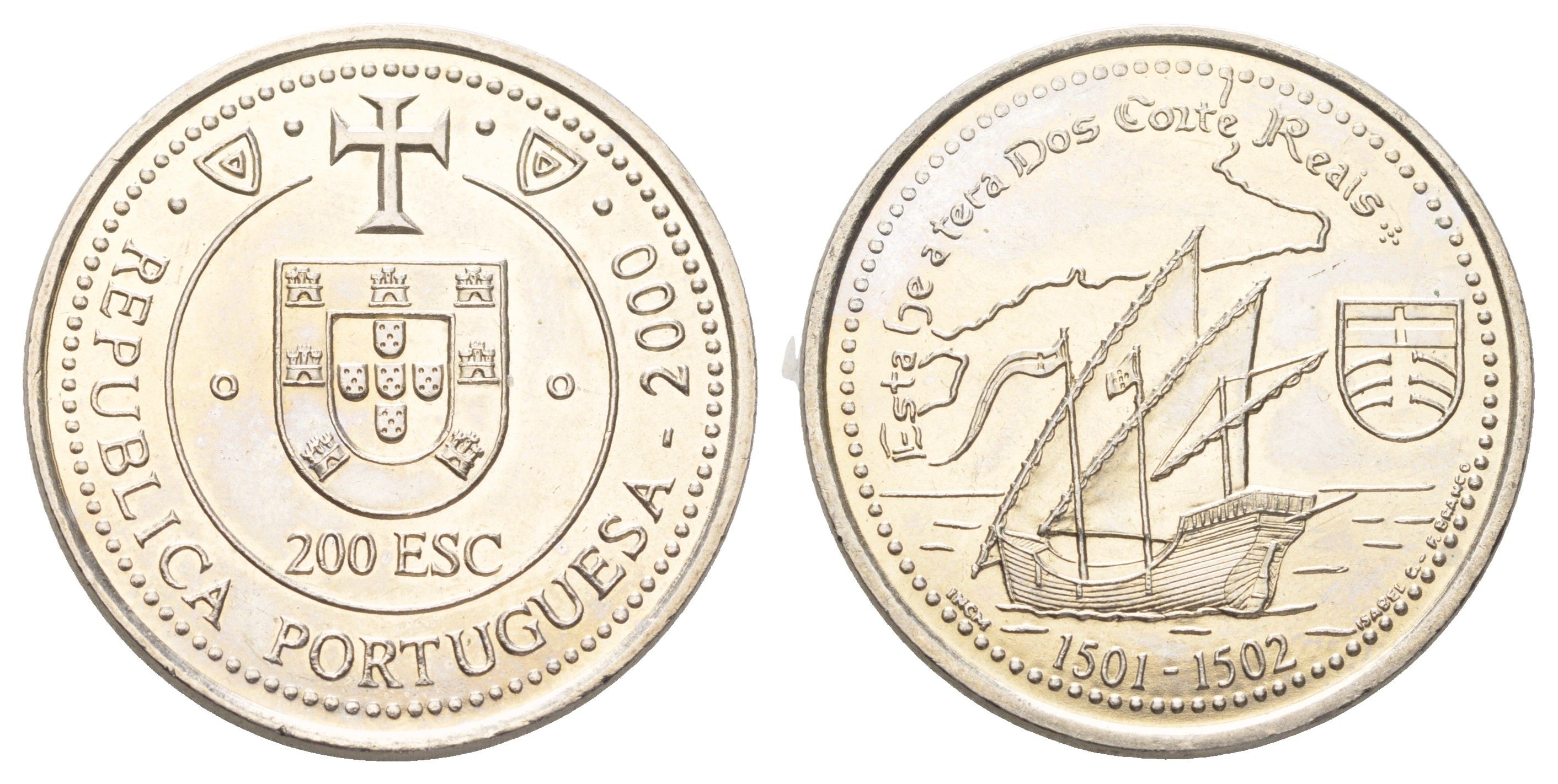 Португалия 200 эскудо 2000 Земля Кортириал KM 729 медно-никель UNC 4677-615