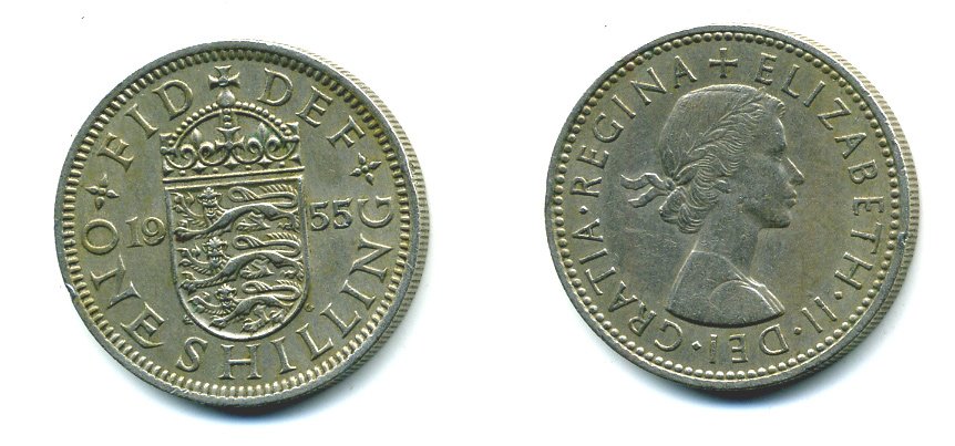 Великобритания 1 шиллинг 1955 Елизавета II (1952-2022), Английский герб KM 904, Spink 4147 медно-никель 540-545