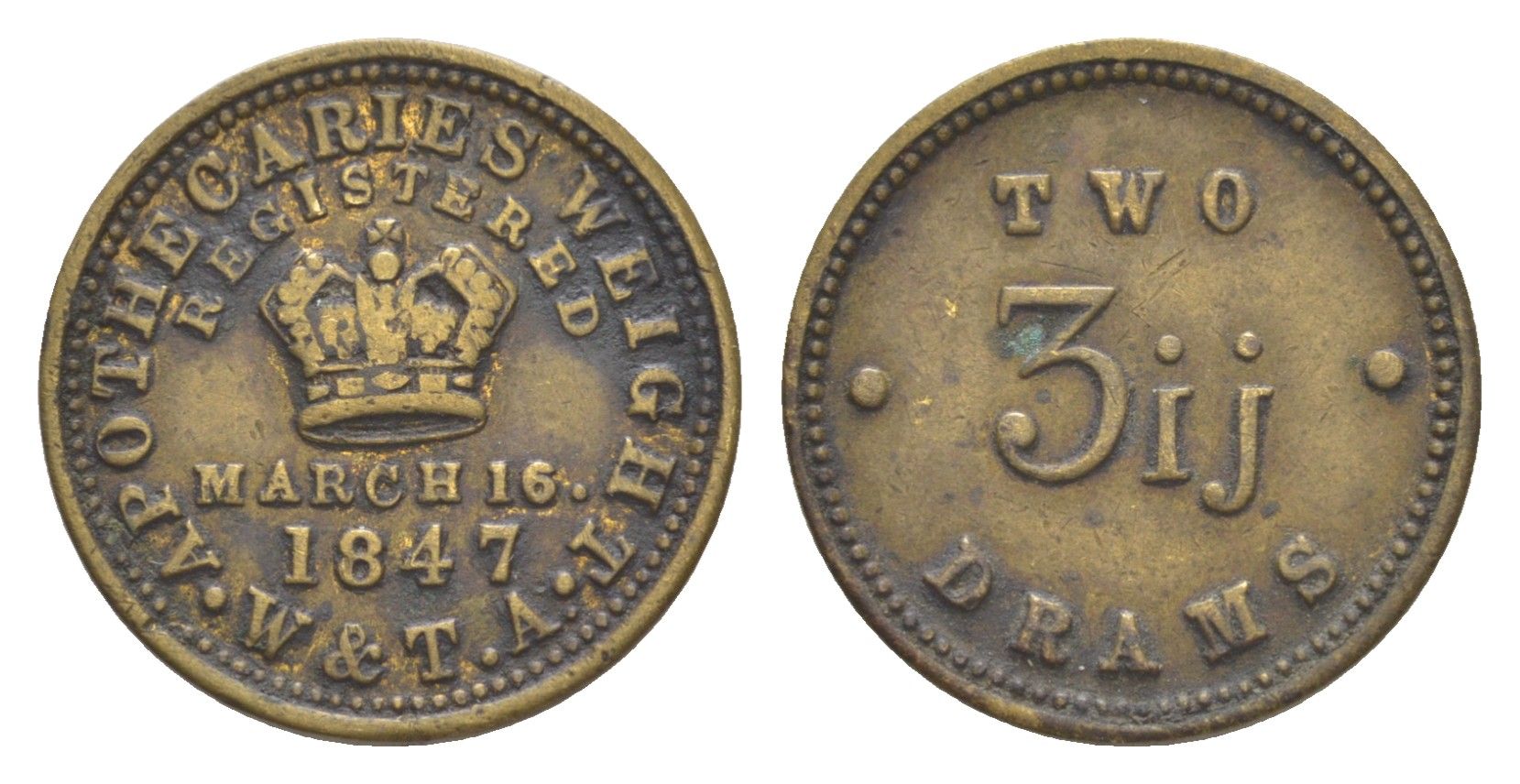 Великобритания аптекарская гиря в 2 драмы ND вес 7,7 гр, диаметр 20,8 мм латунь 1528-1031