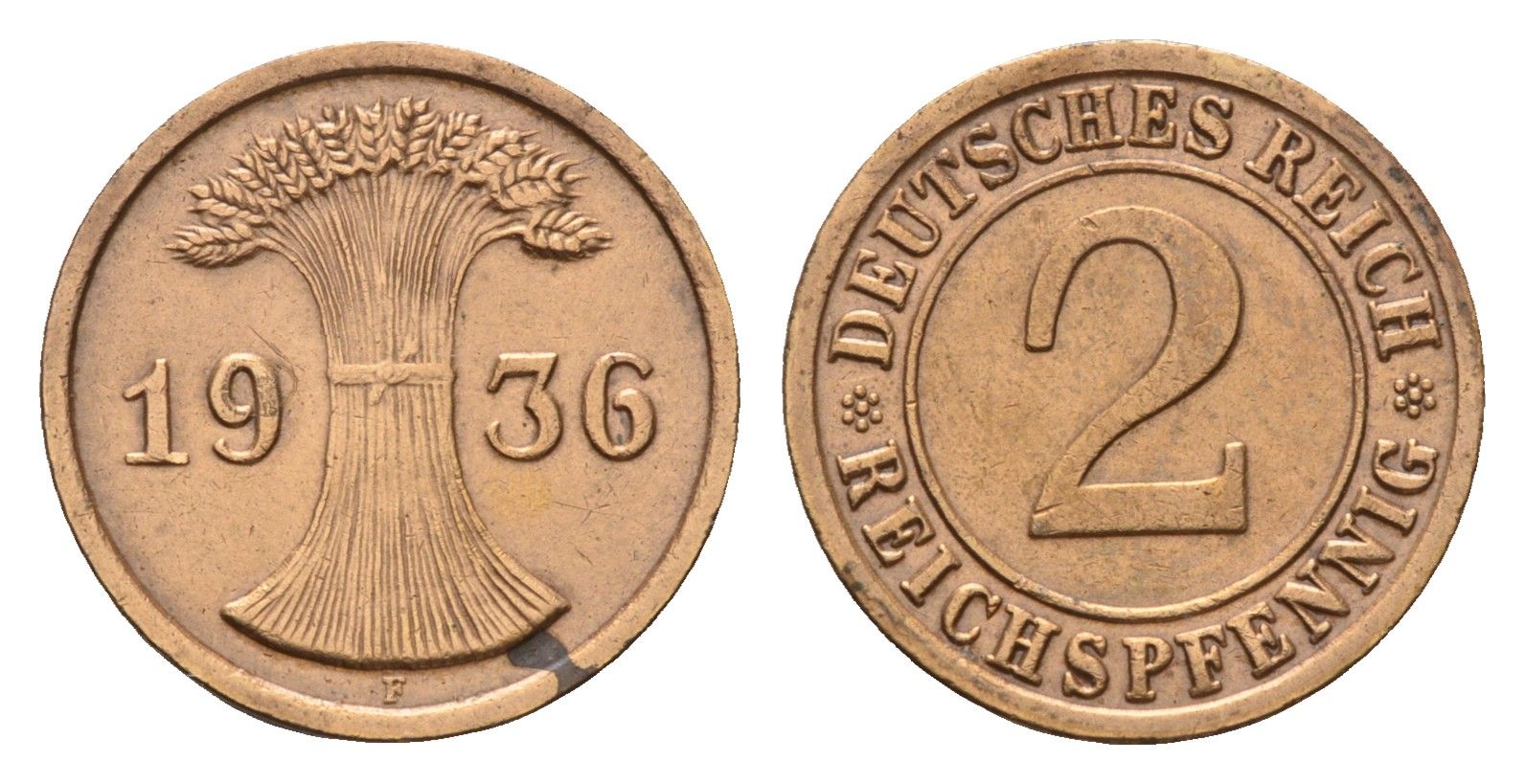 Германия 2 рейхспфеннига 1936 F KM 38, J. 314 бронза 54-344