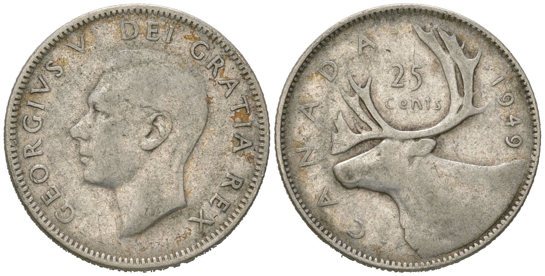 Канада 25 центов 1949 Георг VI (1936-1952), олень KM 44 серебро 4620-337