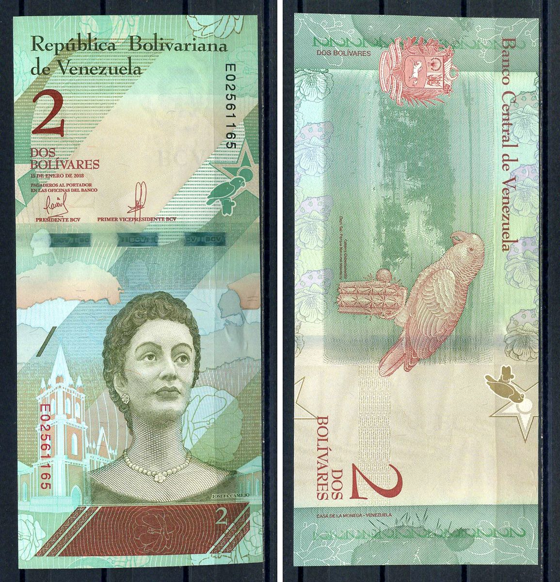 Венесуэла 2 боливара 2018 15 января 2018, Хосефа Камехо, попугай Pick 101 a  бумага UNC (ПРЕСС) 8616-60-3-1