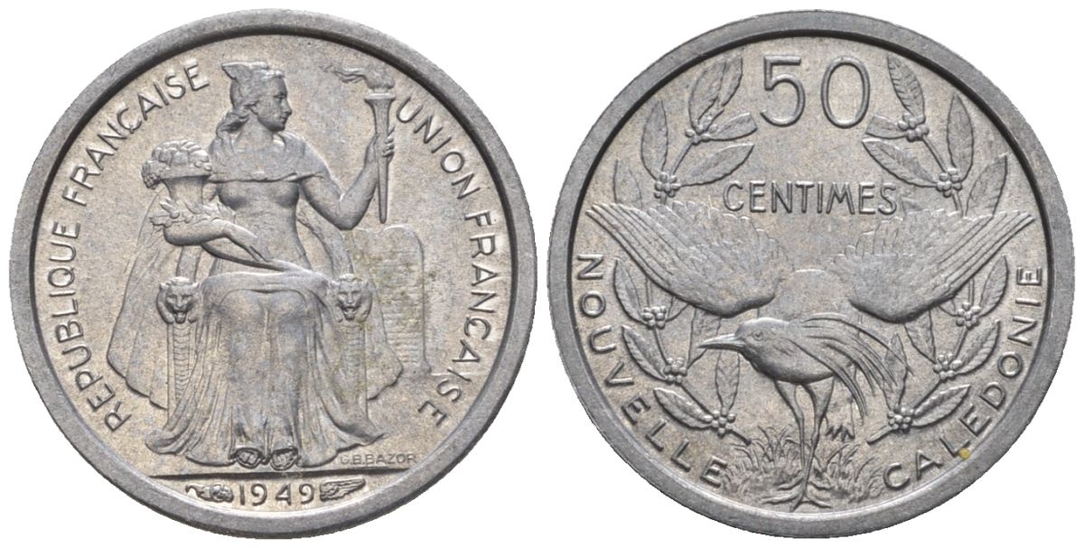 Французская Новая Каледония 50 сантим 1949 птица кагу, заморские территории KM 1 алюминий  aUNC  4609-935