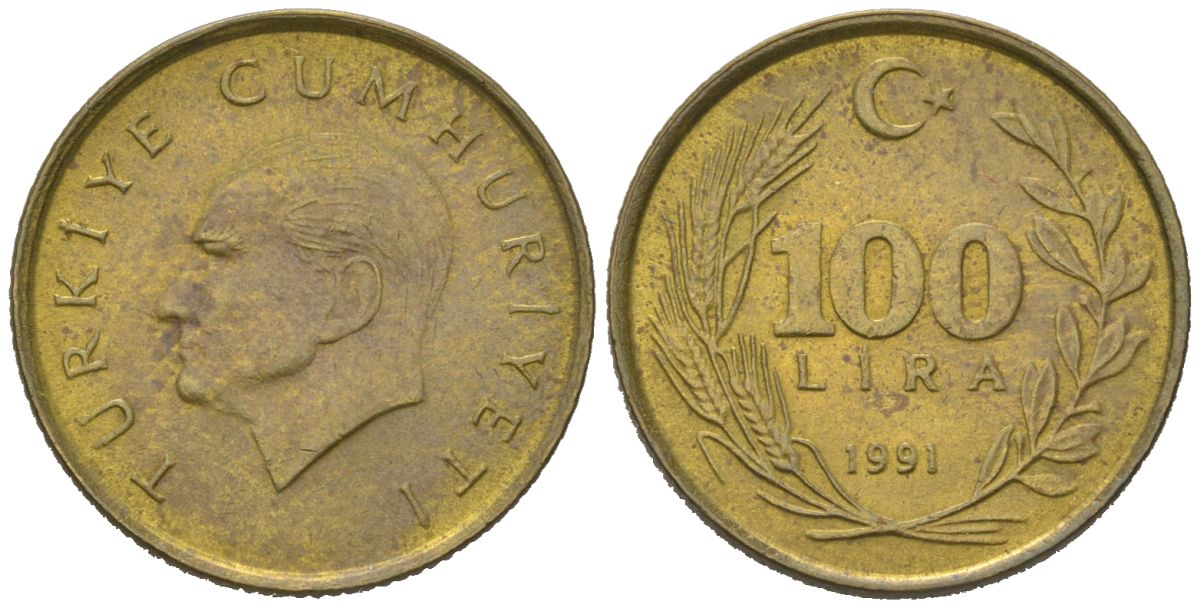 Турция 100 лир 1991 KM 988 алюминиевая бронза aUNC 4115-338