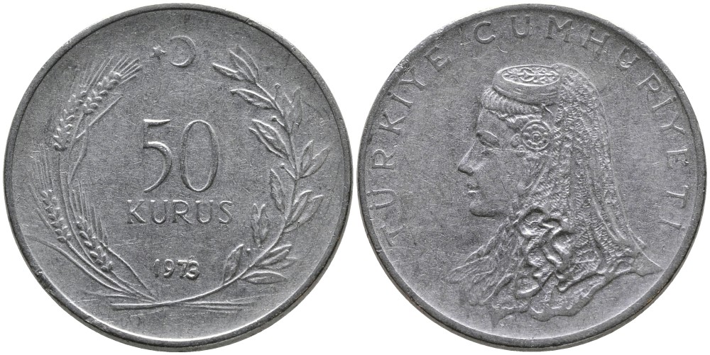 Турция 50 курушей 1973 Анатолийская невеста KM 899 нержавеющая сталь 4541-824