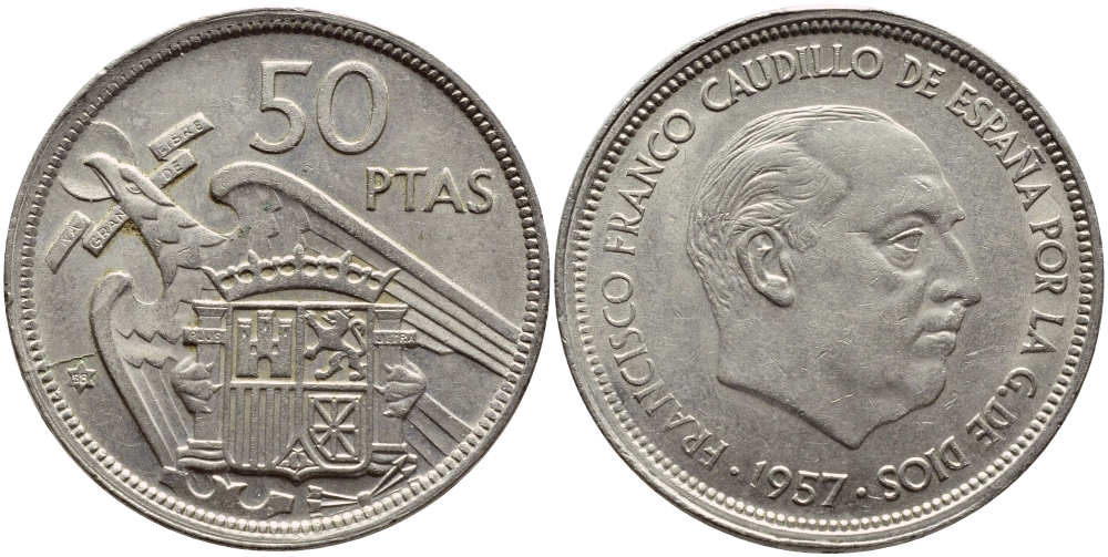 ИСПАНИЯ 50 ПЕСЕТ 1958 1957 ГОД, ФРАНКО KM 788 медно-никель 4389-1121