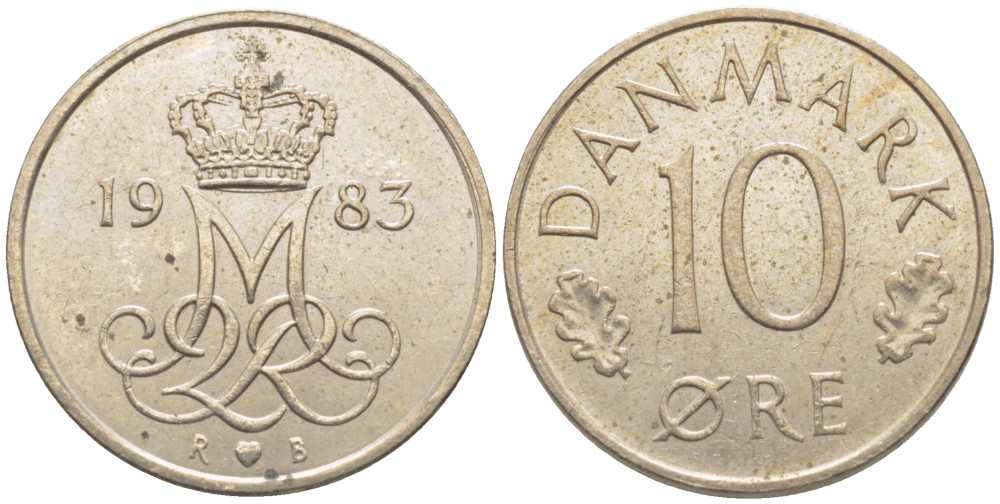 Дания 10 эре 1983 R; B, Маргрете  II (1972-2024) KM 860.3 медно-никель 116-255