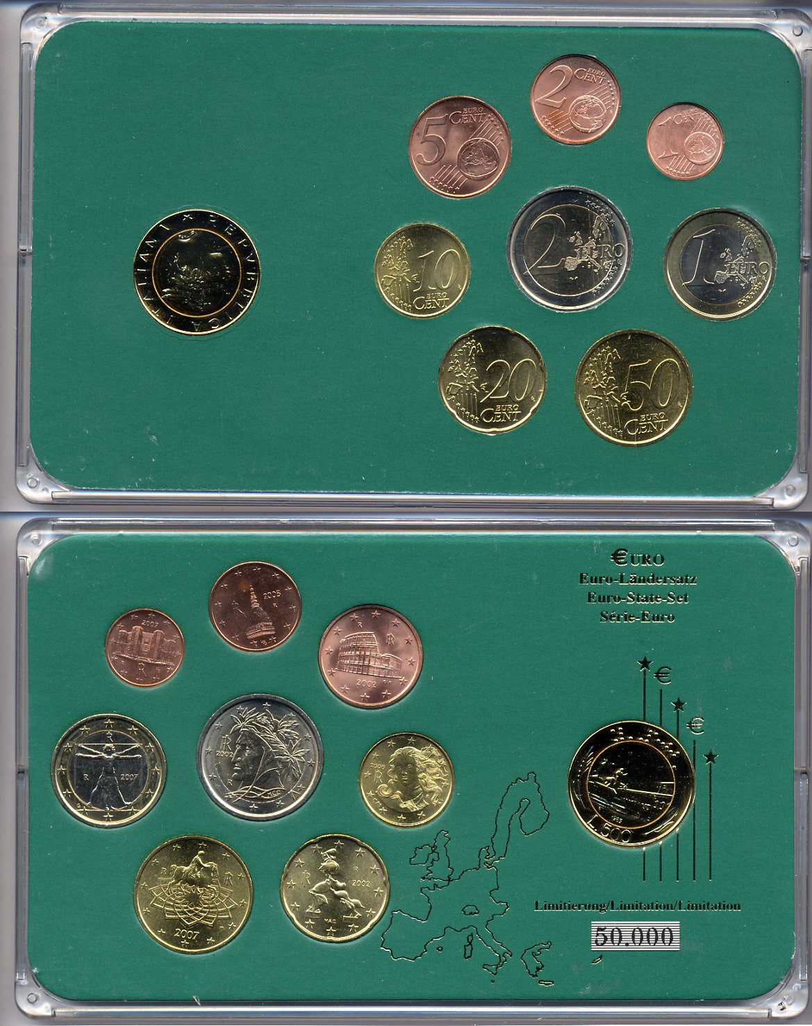 Италия евронабор от 1 евроцента до 2 евро  включает 500 лир 1993, планшет  биметалл, медно-никель  UNC  3-6-5-10