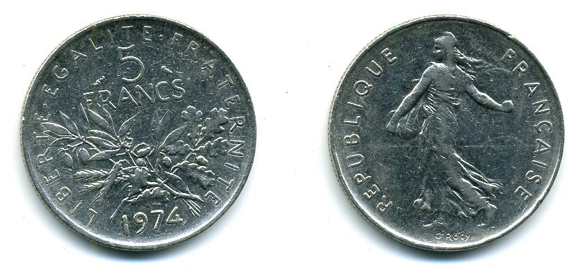 ФРАНЦИЯ 5 ФРАНКОВ 1974 СЕЯТЕЛЬ KM 926a.1, LE FRANC 341.6 медно-никель плакированный никелем 25-722