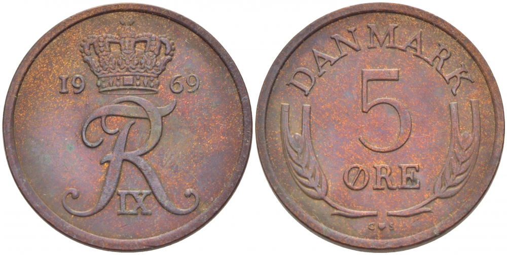 ДАНИЯ 5 ЭРЕ 1969 C; S, ФРЕДЕРИК IX (1947-1972) KM 848.1 бронза 87-1422