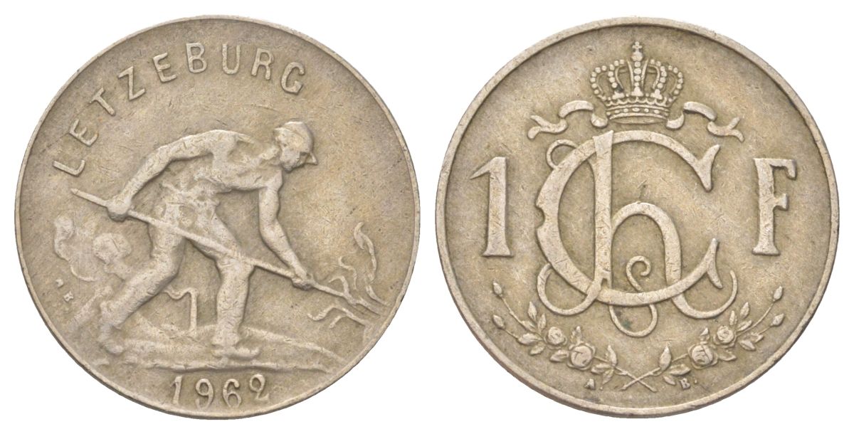 Люксембург 1 франк 1962 сталевар KM 46.2 медно-никель 4625-419