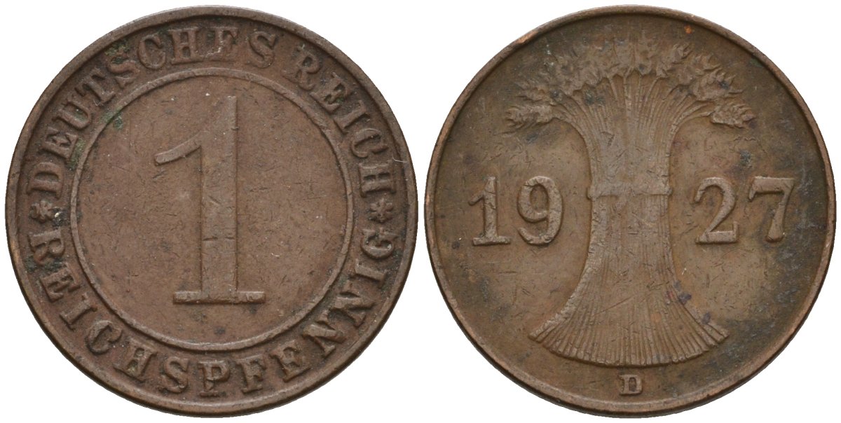 Германия 1 рейхспфенниг 1927 D KM 37, J. 313 бронза 4549-455