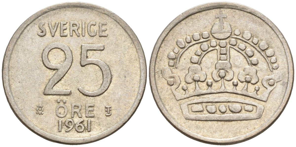 Швеция 25 эре 1961 TS, Густав VI Адольф (1950-1973) KM 824 серебро 4147-1119