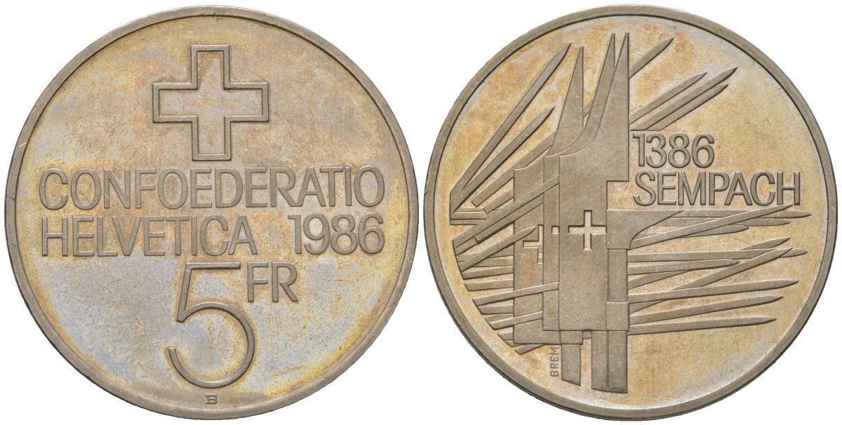 Швейцария 5 франков 1986 B, 600 лет битве при Земпахе KM 65 медно-никель  UNC  4593-1036