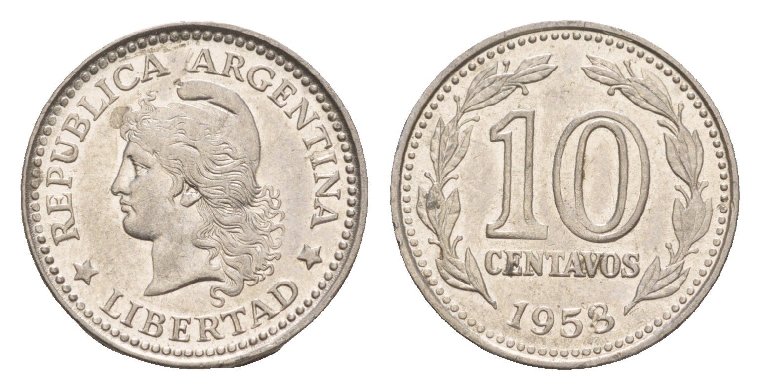 Аргентина 10 сентаво 1958 генерал Хосе де Сан Мартин KM 54 сталь плакированная никелем UNC 4651-967
