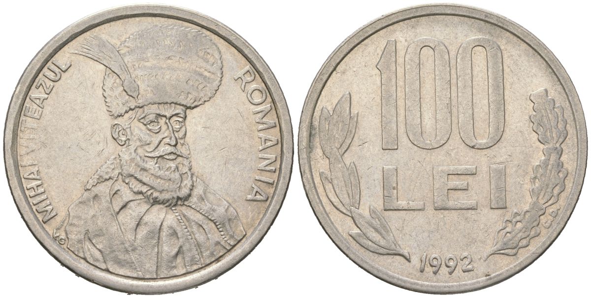 Румыния 100 леев 1992 Михай Храбрый (1558-1601) KM 111 сталь плакированная никелем 4616-854