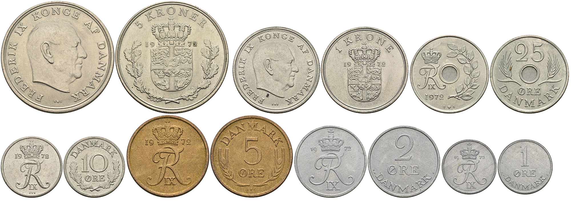 Дания набор из 7 монет 1972 Фредерик IX (1, 5, 5, 10, 25 эре, 1 и 5 крон) UNC 5-4-3-60