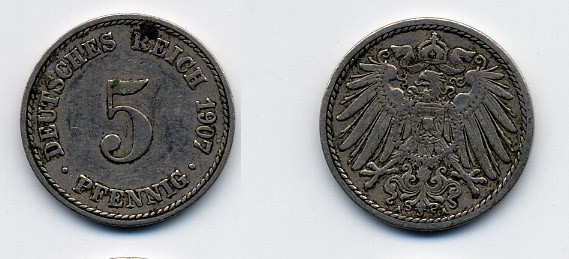 ГЕРМАНИЯ 5 ПФЕННИГОВ 1907 A, KM 11, J. 12 медно-никель 84-966