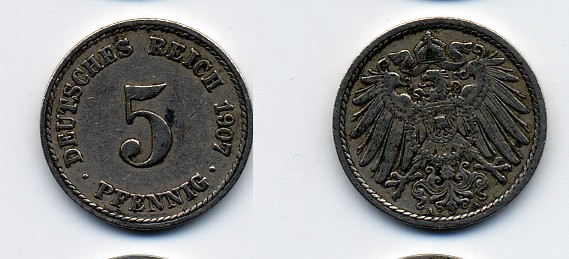 ГЕРМАНИЯ 5 ПФЕННИГОВ 1907 A, KM 11, J. 12 медно-никель 84-1651