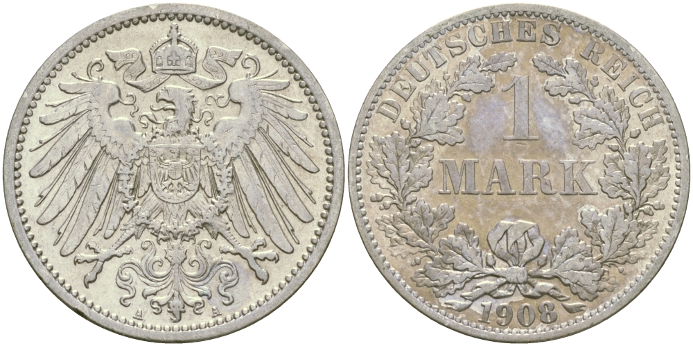 Германия 1 марка 1908 A Weege 18, J. 17, KM 14 серебро aUNC 65-223