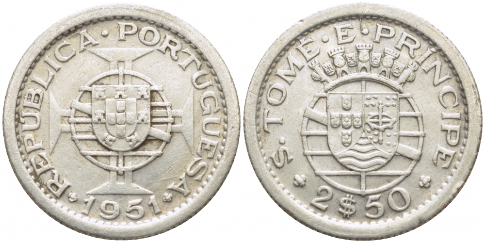 Португальское Сан-Томе и Принсипи 2,5 эскудо 1951 год тип KM 12 серебро 00-00-00