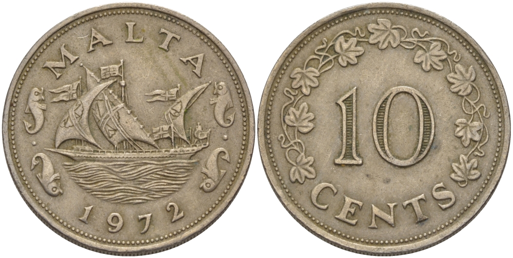 Мальта 10 центов 1972 баржа Великого магистра KM 11 медно-никель 82-424
