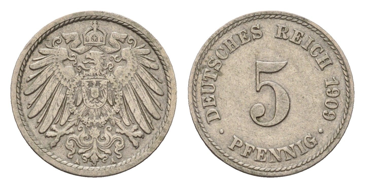 Германия 5 пфеннигов 1909 A, Вильгельм II (1888-1918) KM 11, J. 12 медно-никель 4636-214