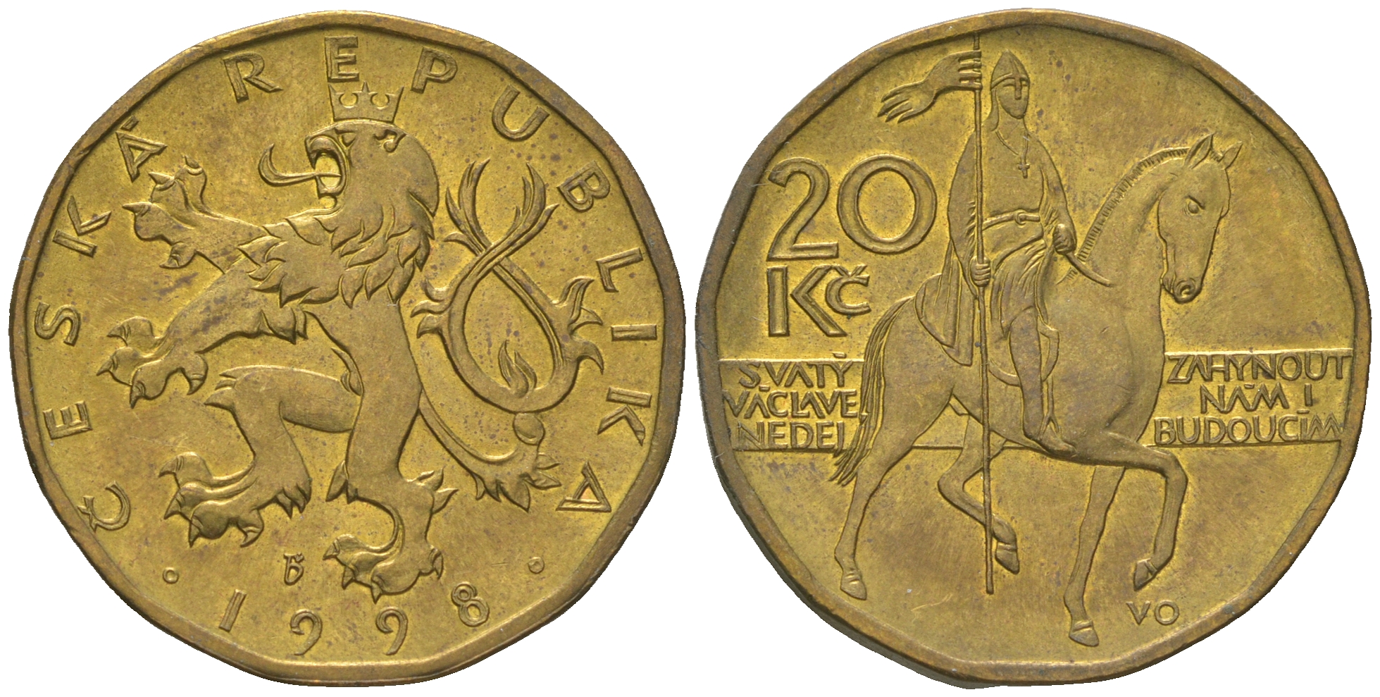 Чехия 20 крон 1998 чешский лев, герцог Вацлав на коне KM 5 сталь плакированная латунью 60-743