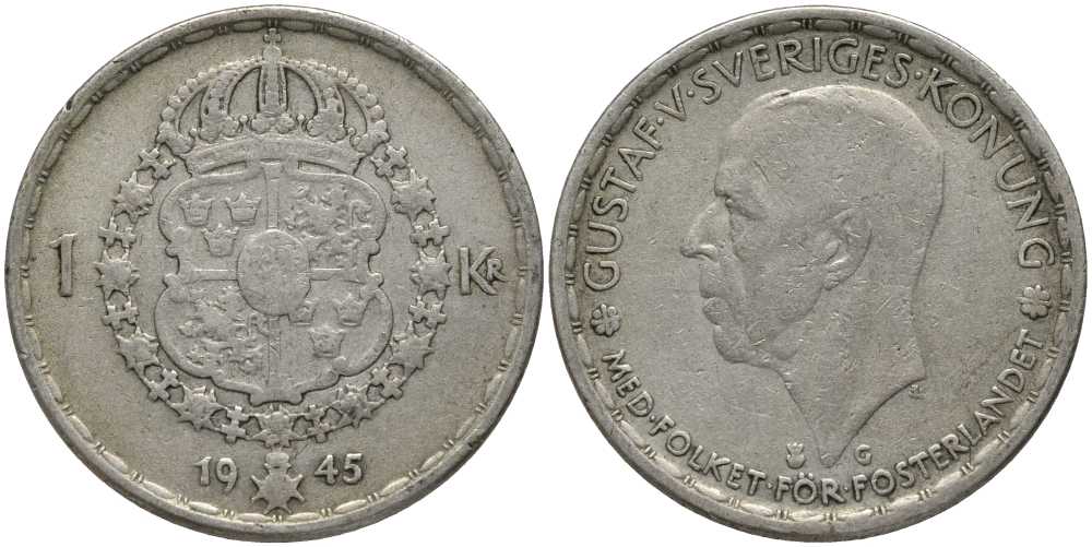 Швеция 1 крона 1945 G, Густав V (1907-1950) KM 814 серебро 202-535