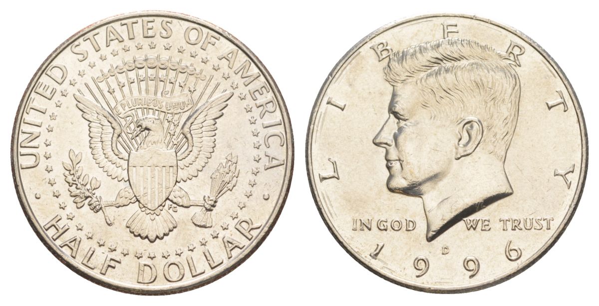 США 1/2 доллара (50 центов) 1996 D, Джон Кеннеди KM A202b медь плакированная медно-никелем aUNC 4389-212