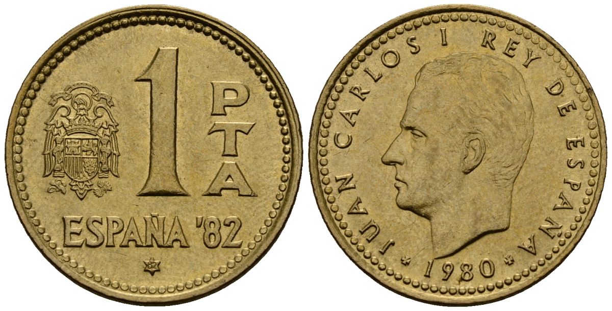 Испания 1 песета 1980 Чемпионат мира по футболу в Испании 1982 года, Хуан Карлос I (1975-2014) KM 816 алюминиевая бронза 4176-426