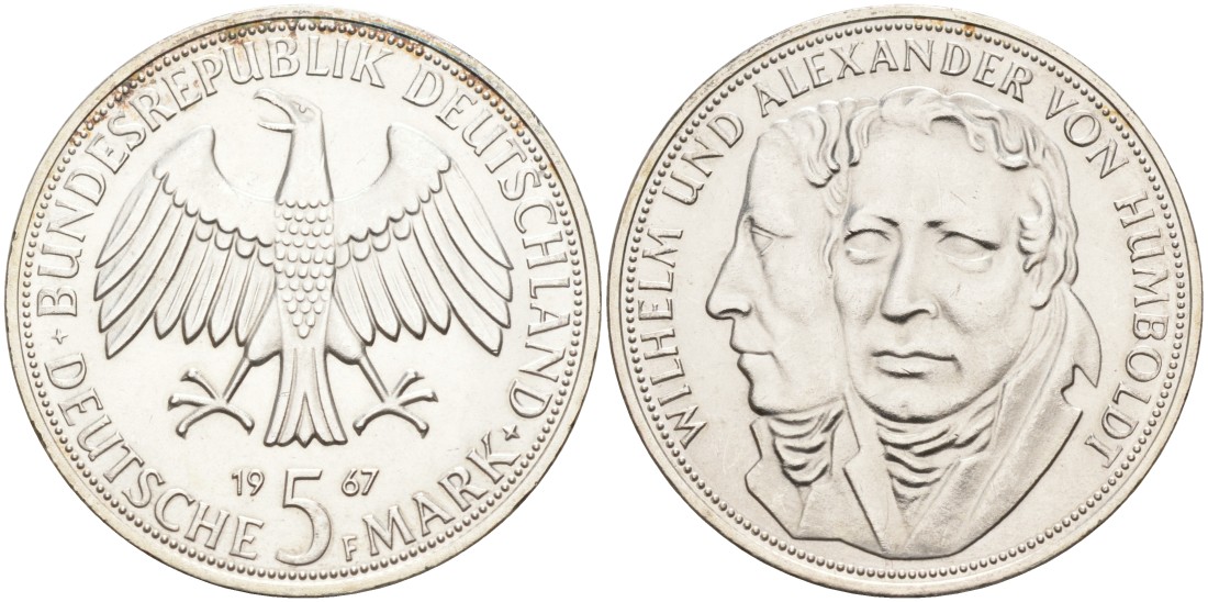 ФРГ 5 марок 1967 F, Вильгельм и Александр фон Гумбольдт J. 395, KM 120.1 серебро 88-213