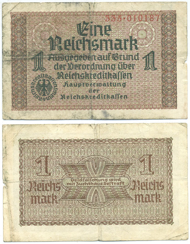 ГЕРМАНИЯ 1 РЕЙХСМАРКА 1940-1945 SERIES 335, ДЛЯ ОККУПИРОВАННЫХ ТЕРРИТОРИЙ Pick R136a бумага 3295-85-3-2