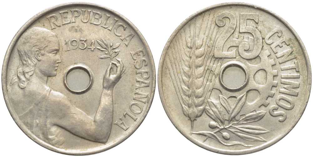ИСПАНИЯ 25 СЕНТИМО 1934 РЕСПУБЛИКА (1931-1939) KM 751 медно-никель 113-355