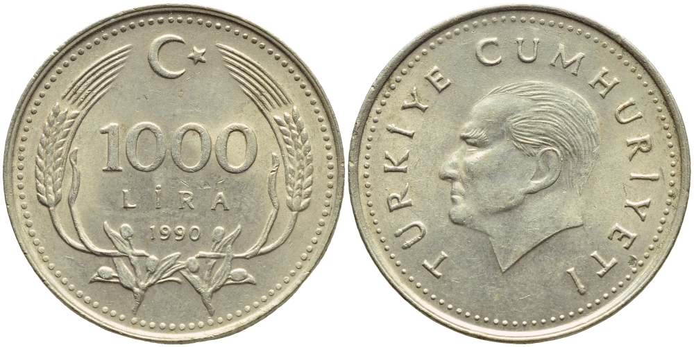 Турция 1000 лир 1990 Кемаль Ататюрк KM 997 медь никель цинк 4397-247