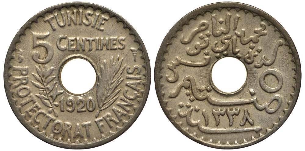 Тунис 5 сантимов 1920 A KM 242 никель латунь     4182-425