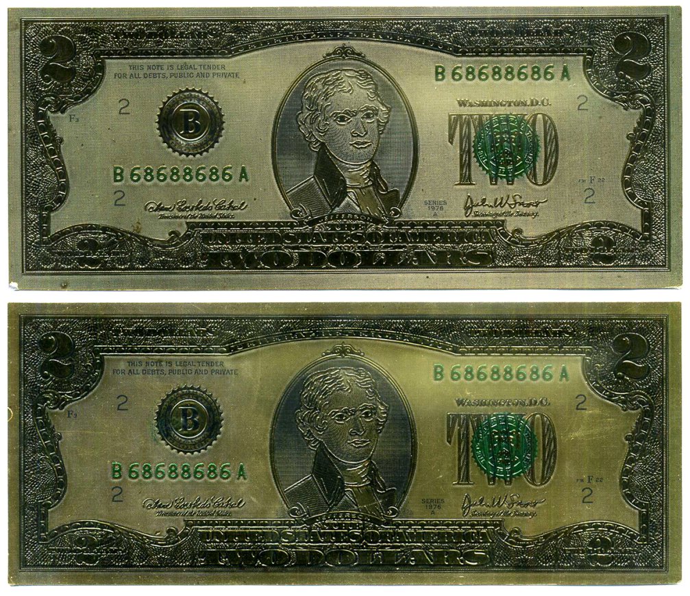 США 2 доллара ND СУВЕНИРНАЯ БАНКНОТА, ПОЗОЛОТА бумага аUNC 7523-52-3-2