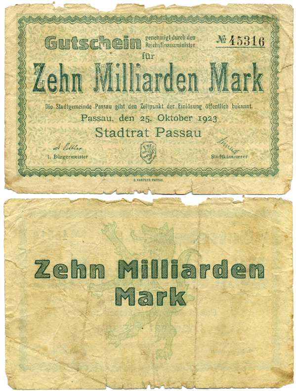 ПАССААУ 10000000000 МАРОК 1923 НОТГЕЛЬД, 10 МИЛЛИАРДОВ, 25 ОКТЯБРЯ 1923, ЗЕМЛЯ БАВАРИЯ бумага 6281-9-1-1