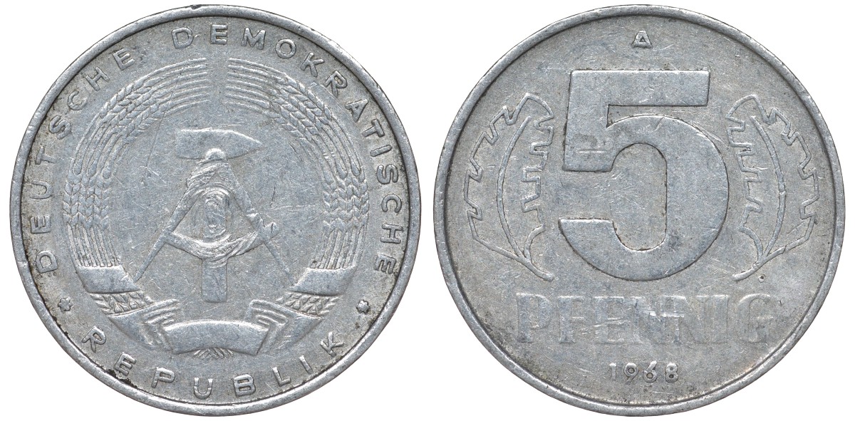ГДР 5 ПФЕННИГОВ 1968 A KM 9.1 алюминий 62-125