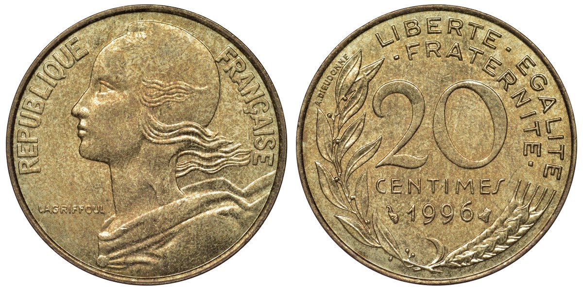 Франция 20 сантимов 1996 тип Marianne KM 930, Le Franc 156.40 медь алюминий никель 4128-242