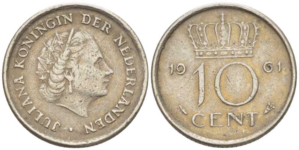 НИДЕРЛАНДЫ 10 ЦЕНТОВ 1961 ЮЛИАНА (1948-1980) KM 182 никель 214-1157