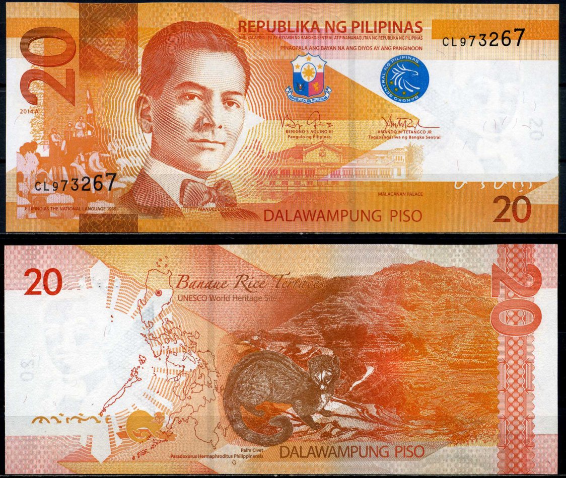 Филиппины 20 писо 2014 A Мануэль Кесон, signatures: Aquino III & Tetangco Pick 206a бумага UNC (пресс) 8602-48-4-1