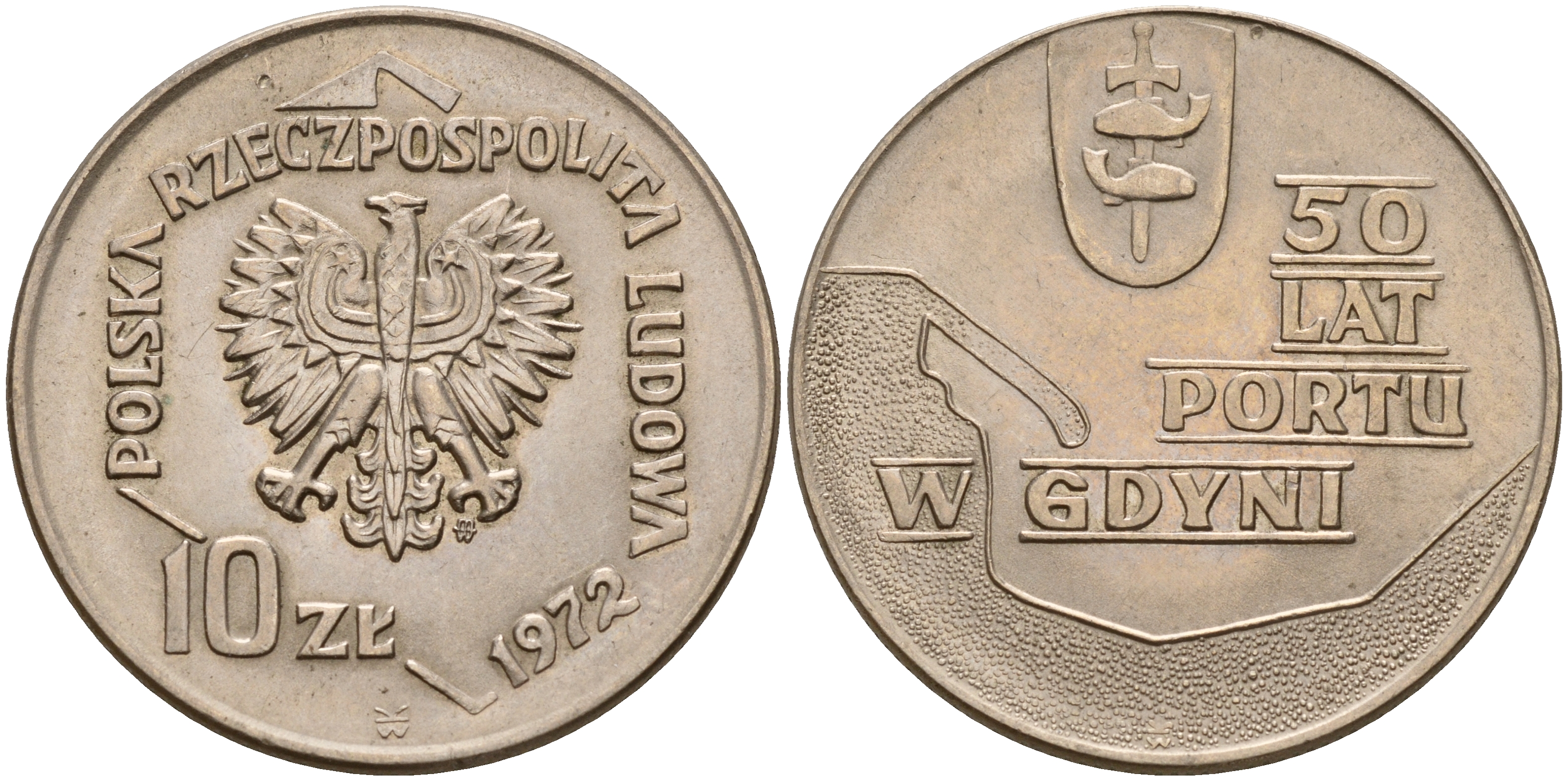 Польша 10 злотых 1972 MW, 50 лет морскому порту в Гдыне KM 65 медно-никель UNC 4161-1131