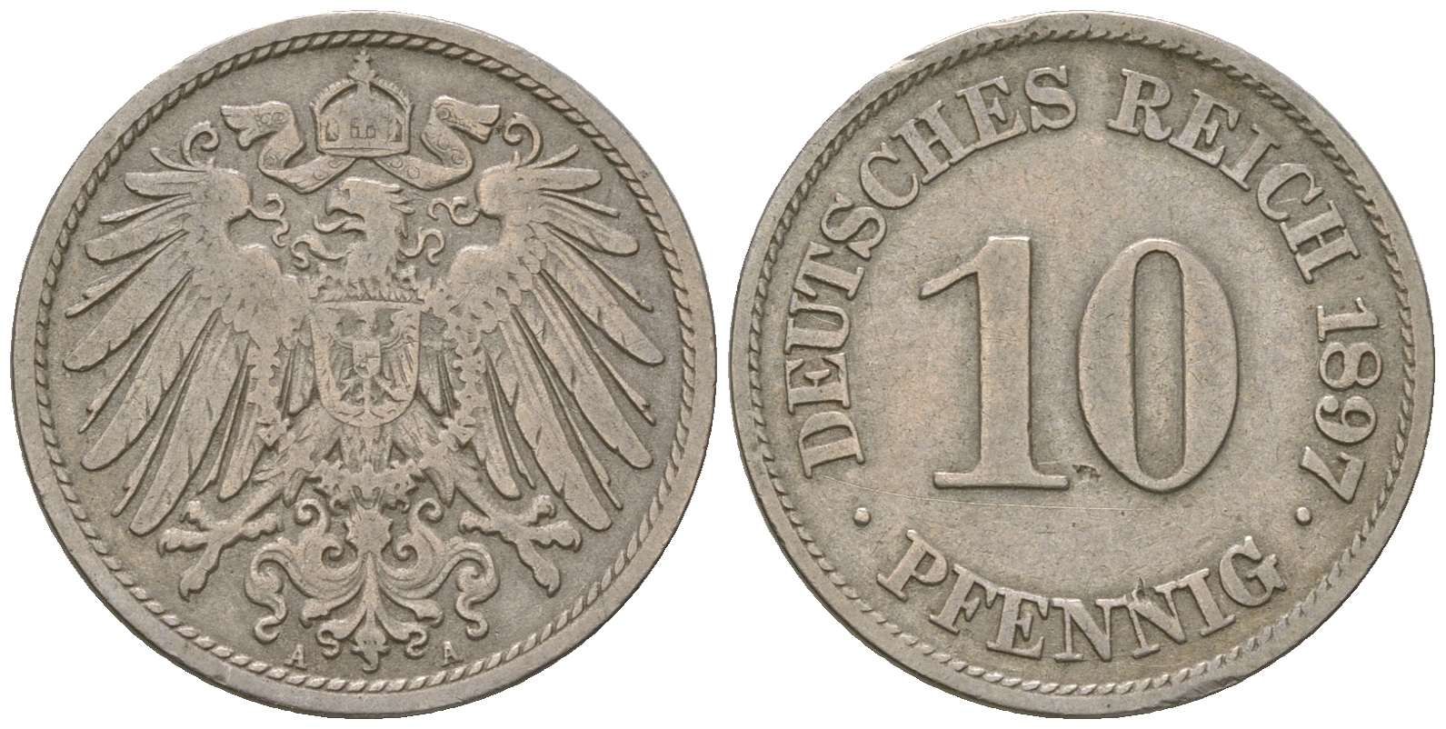 Германия 10 пфеннигов 1897 А KM 12, J. 13 медно-никель 4641-426