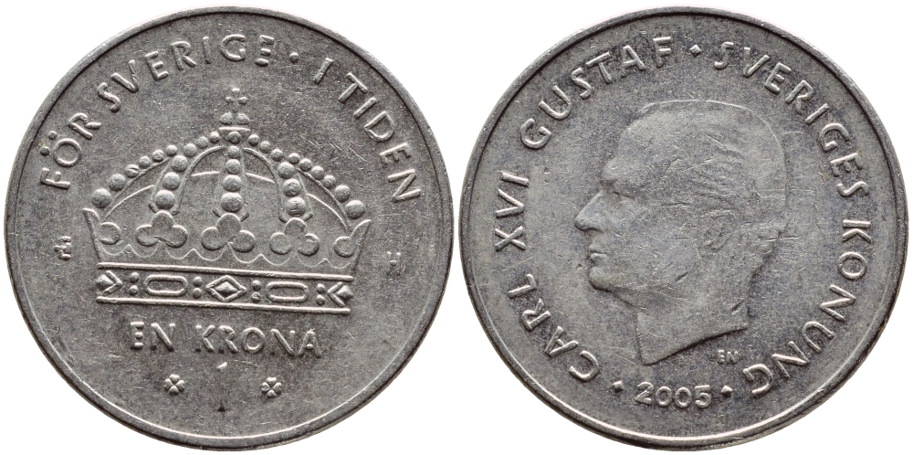 Швеция 1 крона 2005 Карл XVI Густав (1973- ) KM 894 медно-никель 93-1054