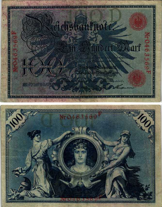 ГЕРМАНИЯ 100 МАРОК 1908 7 ФЕВРАЛЯ 1908, КРАСНАЯ ПЕЧАТЬ, ДЛИННА НОМЕРА СЕРИИ 29 ММ. Pick 33а бумага 7214-38-3-2